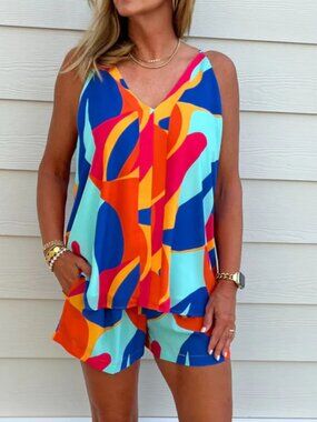 ADRIENNE Make It Count Tank & Shorts Set | Orange and Blue Multi